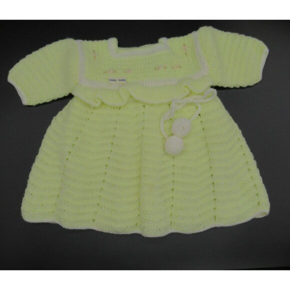 Hand Knit Baby Doll Dress With Pom-Poms & Ruffled Trim - Picture 4 of 15